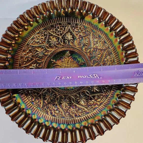 Fenton Carnival Glass Bowl Iridescent Ruffled Edge Hearts Pattern 11" Bowl - Picture 11 of 12